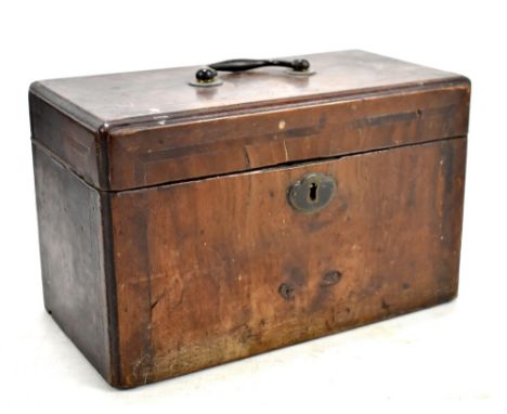 A Georgian mahogany tea caddy, the hinged cover enclosing three pewter compartments, width 24.5cm.