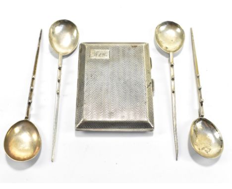 FREDERICK FIELD; a George V hallmarked silver cigarette case with engine turned decoration and four Arts &amp; Crafts style s