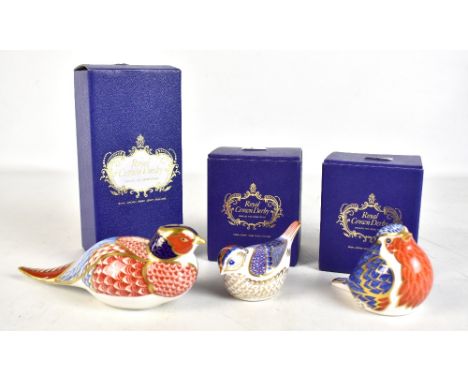 ROYAL CROWN DERBY; three animal form paperweights to include pheasant, each with silver base button and with original boxes (