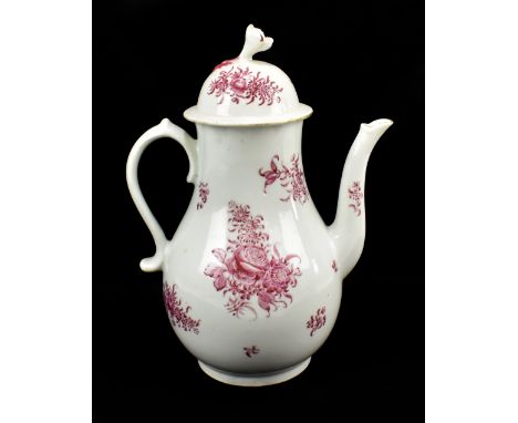 WORCESTER; an 18th century first period baluster coffee pot and cover, decorated in the 'Carmine' pattern, unmarked, height 2
