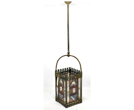 A late Victorian brass rectangular hall lantern with stained leaded glass panels, height including rod 83cm.