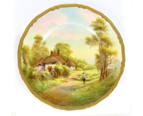 ROYAL WORCESTER; a Harry Ayrton hand painted plate 'Offenham', featuring a shepherd leading his flock on a path beside cottag