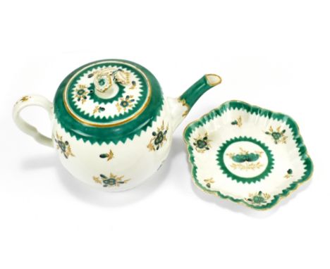 WORCESTER; an 18th century first period teapot of globular form, decorated with green and gold floral sprays and with similar