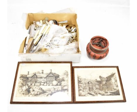 A small group of electroplated flatware, also a ceramic tobacco jar and two signed Riley etchings of Gawsworth Old Hall and P