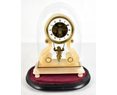 A late 19th century French alabaster mantel clock with white enamelled chapter ring set with Roman numerals and presented und
