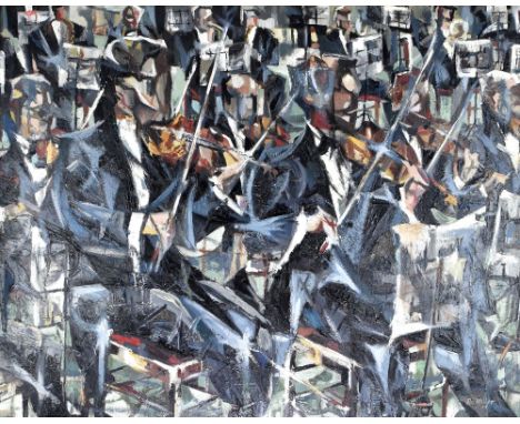 ROY MILLER; oil on board, the Hallé Orchestra in Vorticist style, signed and dated '59 lower right, with printed preparatory 