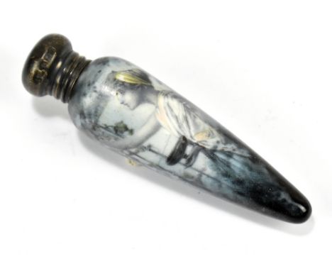 &nbsp;An Edward VII ceramic perfume bottle hand painted with a lady picking grapes, with hallmarked silver stopper, Birmingha