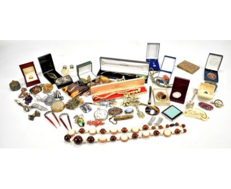 A mixture of costume jewellery and accessories including cloisonné enamel bead necklace, cigarette holder, faux tortoiseshell