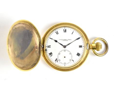 ELGIN; a gold plated full hunter crown wind pocket watch, the white enamel dial inscribed 'Thos. Russell &amp; Son, Liverpool