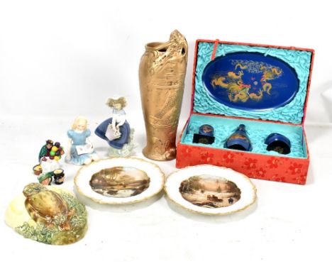 A mixed group of ceramic figures including Royal Doulton 'Alice', Lladro girl with flower basket, Royal Doulton owl wall pock