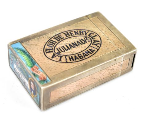 An unusual late 19th century Continental white metal and enamel decorated novelty vesta case in the form of a cigar box, one 