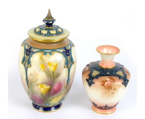 HADLEY'S WORCESTER; a potpourri vase and cover with hand painted panelled floral decoration, height 18cm, and a smaller vase 