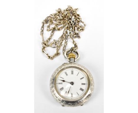 A circa 1900 Continental silver crown wind fob watch, the white enamel dial set with Roman numerals and suspended on a flat l