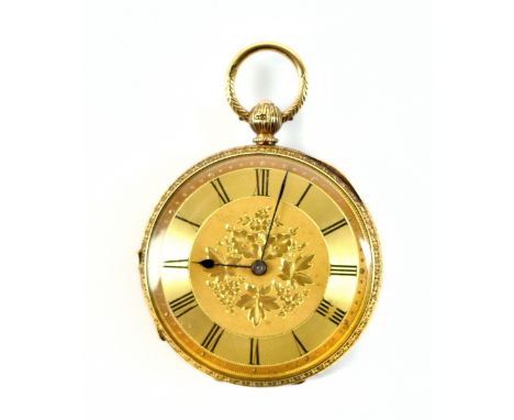 An 18ct gold lady's pocket watch, the circular dial set with Roman numerals outside a filigree centre, the hinged back plate 