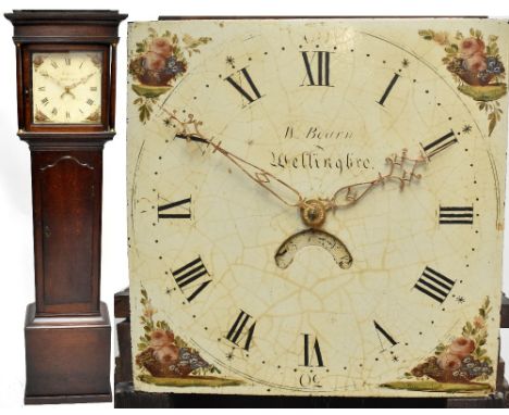 W BEARN OF WELLINGBOROUGH; an oak cased longcase clock, the painted dial set with Roman numerals and subsidiary arched day di