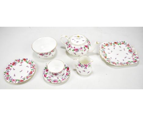 SHELLEY; a 'Haddon' pattern part tea service, comprising teapot, milk and cream jugs, sugar bowl (af), two sandwich plates, e