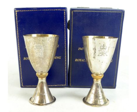 MAPPIN &amp; WEBB; two Elizabeth II hallmarked silver goblets, each produced to commemorate the Royal Silver Wedding Annivers