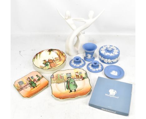 WEDGWOOD; six pieces of blue Jasperware to include a circular lidded trinket box, three pieces of Royal Doulton seriesware, e