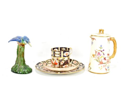 ROYAL CROWN DERBY; an Imari decorated trio with printed marks and no.2451 to bases, a Royal Worcester jug (af), and a Minton 