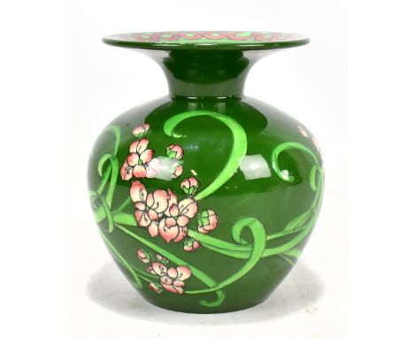 FOLEY; an 'Intarsio' vase decorated with pink flowers and light green tendrils against dark green ground, the flared rim feat