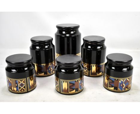 Six modern Liberty storage jars, with stylised decoration, height of largest 21cm.Additional InformationLight wear to glaze, 