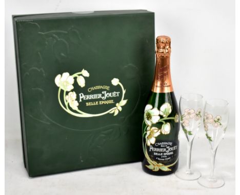 PERRIER JOUET; a single bottle of 'Belle Epoque' 1998 Brut Champagne (750ml) housed with two enamel and gilt decorated clear 