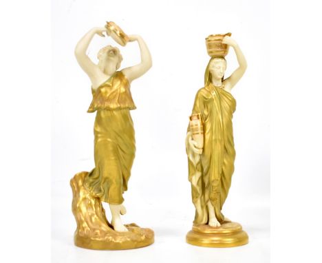 ROYAL WORCESTER; two blush ivory figures to include 'The Water Carrier', each with puce factory marks to base, height of larg