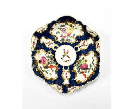 WORCESTER; an 18th century first period hexagonal teapot stand with blue scale ground and vignettes of exotic birds and insec