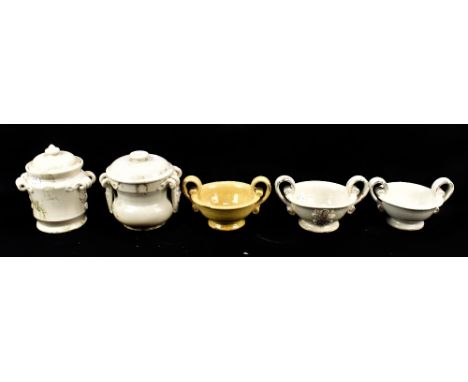Three Italian white crackle glazed ceramic twin handled dishes, stamped Leona Italia, height 8cm, also two lidded jars (5).