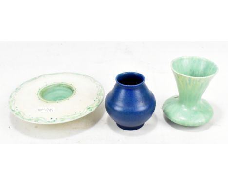 PILKINGTON ROYAL LANCASTRIAN; a green glazed wasted vase, height 13cm, a blue globular vase and a cream posy holder with gree