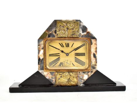 A French Art Deco marble and slate mantel clock, the square dial set with Roman numerals set between two applied floral panel
