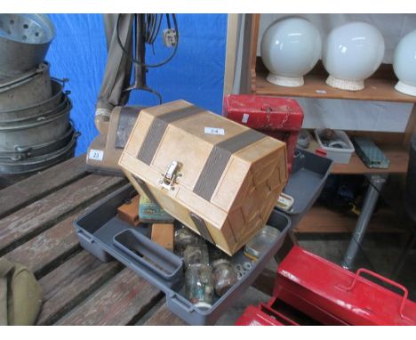 A Rolykit tool box, other boxes and tins and a metal box of spanners