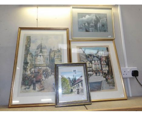 4 framed and glazed pictures including print of St. Pauls, watercolour of a continental town scene (signed), a Venetian scene
