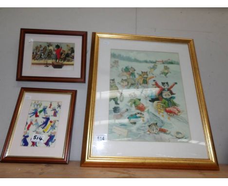 3 framed and glazed prints of cats including one signed Louis Wain.
