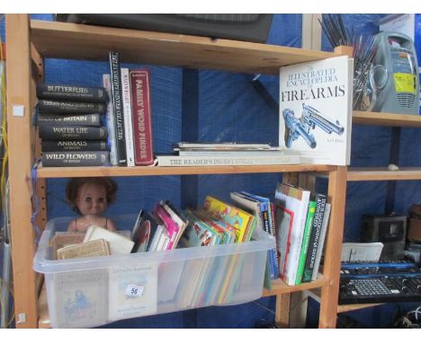 A box of books, shelf of books and a vintage doll