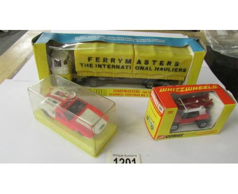 A boxed Corgi 1147 Scammell Ferry Masters truck, A 381 G.P Beach Buggy and a Dinky Detomaso.