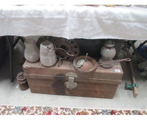 A tin trunk, lamps, scales etc