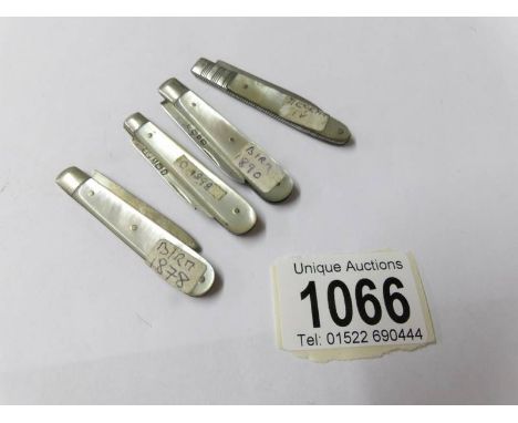 4 silver and mother of pearl pocket knives, Birmingham 1878/1890, Chester 1898 and one Georgian.