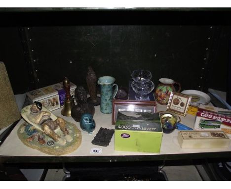 A shelf of miscellaneous including Poole, paperweights, Bohemia crystal bowls etc.,