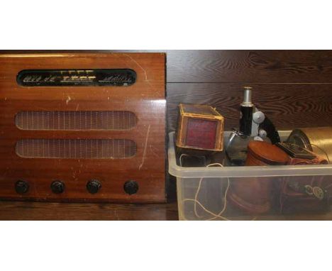 LOT OF CLOCKS, CAMERAS AND SCIENTIFIC INSTRUMENTS
including 1930/40s oak mantel clocks, C. Baker, London microscope, Brownie 