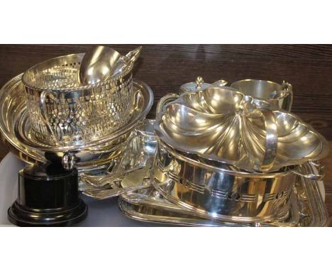 LARGE COLLECTION OF VINTAGE SILVER PLATED ITEMS
to include flatware, coffee spoons, serving dishes, a hot water jug, a trophy