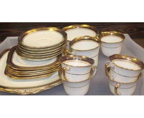 ROSLYN CHINA PART TEA SERVICE
comprising five tea cups, six saucers, six side plates, two cake plates, sugar and cream; decor