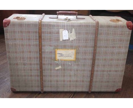 VINTAGE STEAM TRUNK
with two wooden ribs and metal hardware, leather corners, 86cm long