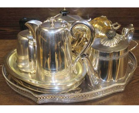 SELECTION OF SILVER PLATED ITEMS
including a rectangular form three piece tea service, two pieces of hotel tea ware, another 