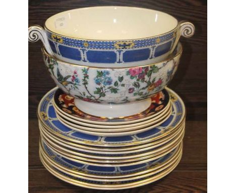 PART ROYAL WORCESTER CROWN WARE DINNER SET
including four dinner plates, six soup plates, a tureen, four Masons plates and a 
