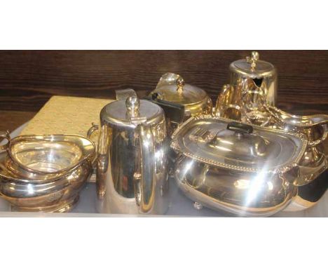 COLLECTION OF SILVER PLATED OBJECTS
including a three piece silver plated tea service, hotel ware, cup holder, card holder, e