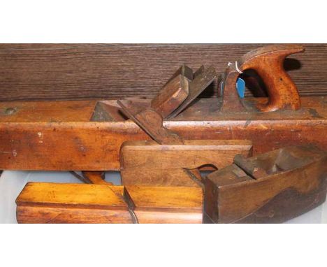 COLLECTION OF PLANES AND PLANING TOOLS
including a large joiner plane, scrub, grooving, rabbet and over planes, many stamped 
