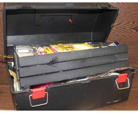LARGE COLLECTION OF FLY TYING TOOLS AND MATERIALS
including thread, hooks, feathers etc., inside plastic tool box, box 46cm l