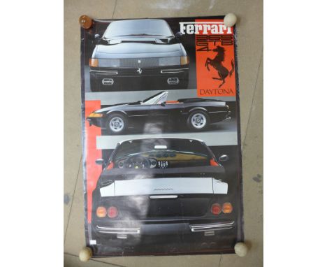 Two vintage Ferrari posters and a Porsche poster