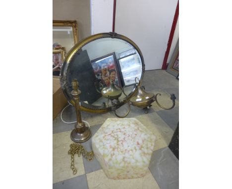 An Art Deco mirror, ceiling light and table lamp